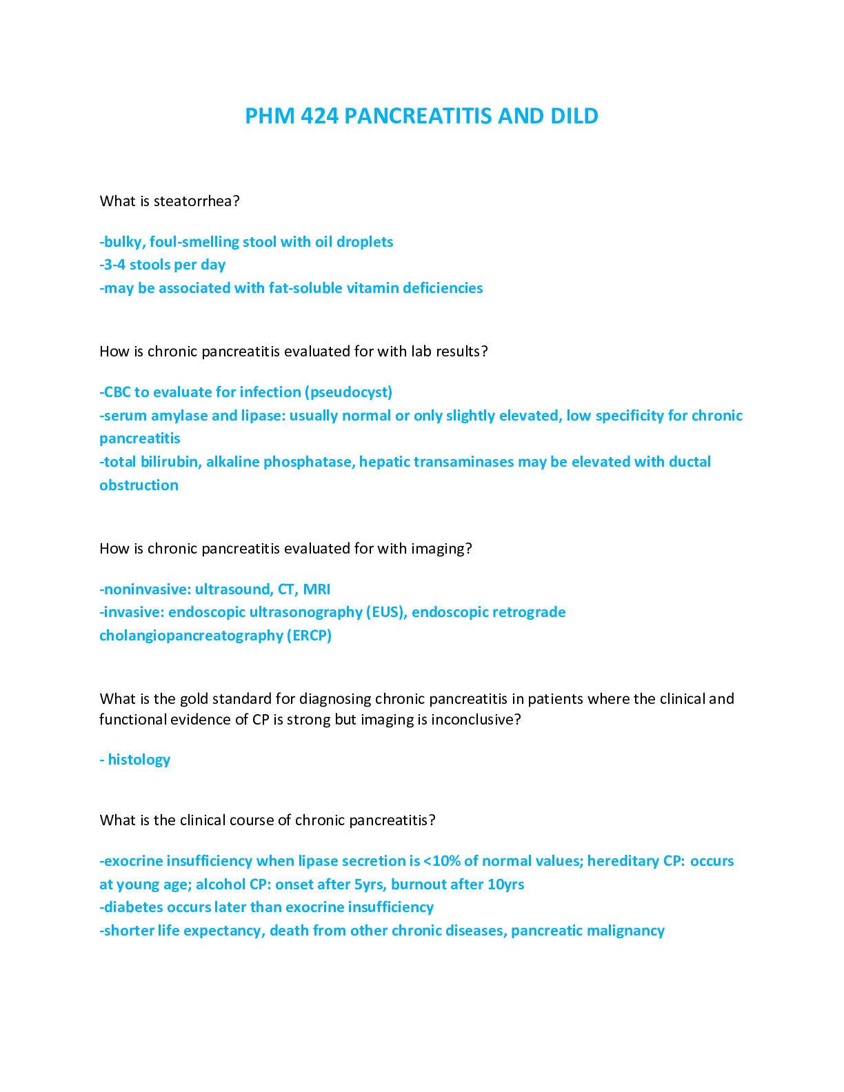 Preview image of PHM 424 PANCREATITIS AND DILD EXAM document